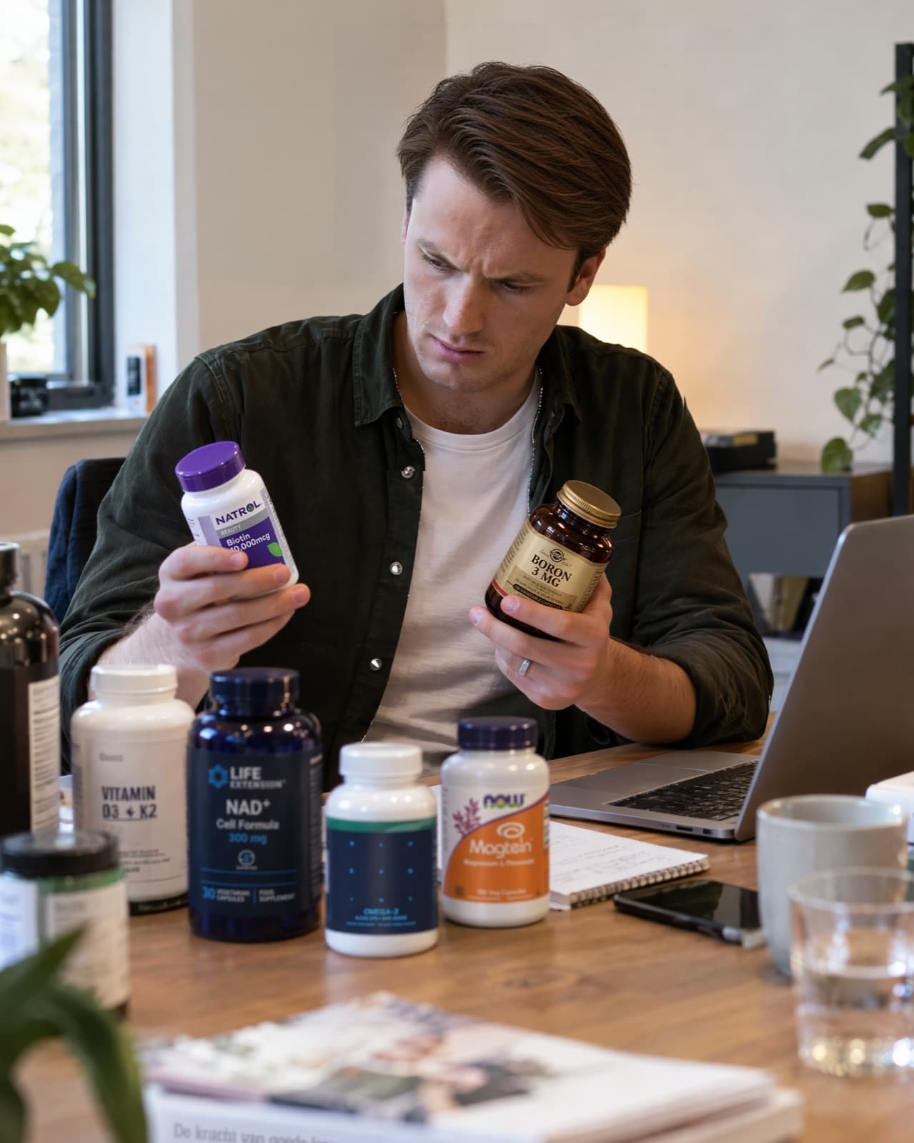 Leo compare deux pots de compléments alimentaires à son bureau